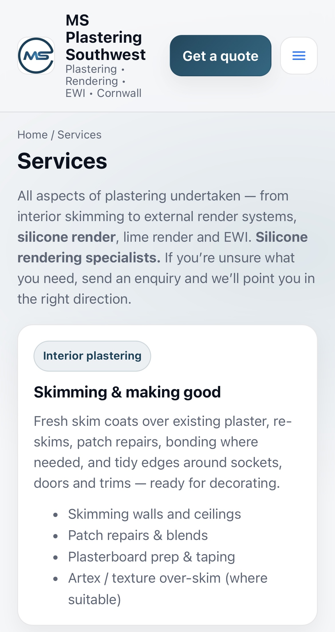 MS Plastering services page example